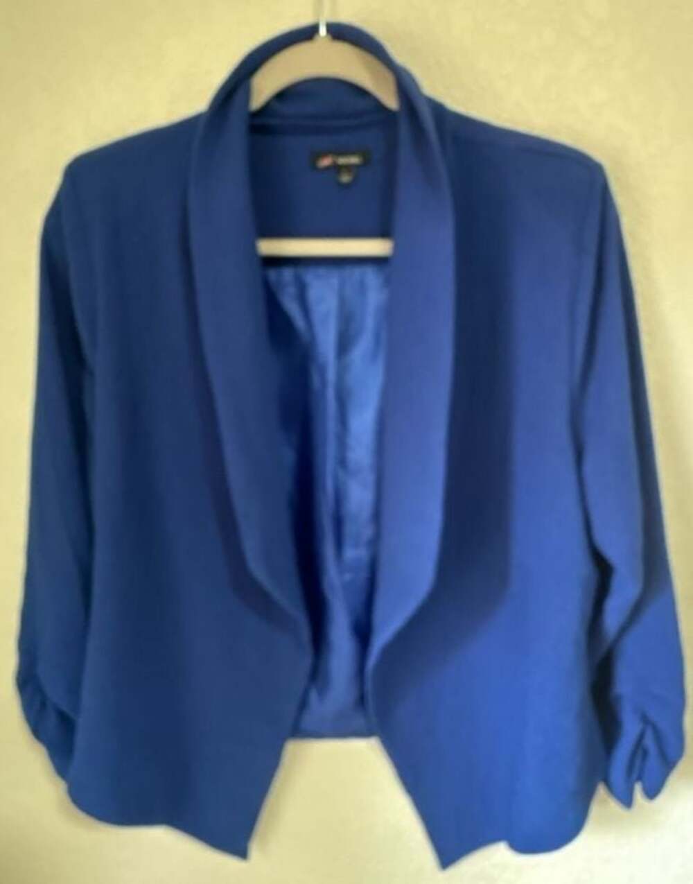 Michel Blue Open Front Draped Blazer Jacket with 3/4 Ruched Sleeves Size L